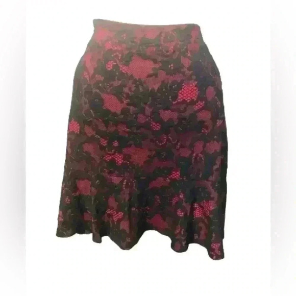 MICHAEL KORS Red Currant Black Lace Print Knit Flare Hem Skirt Petite Large NWT - Picture 2 of 16